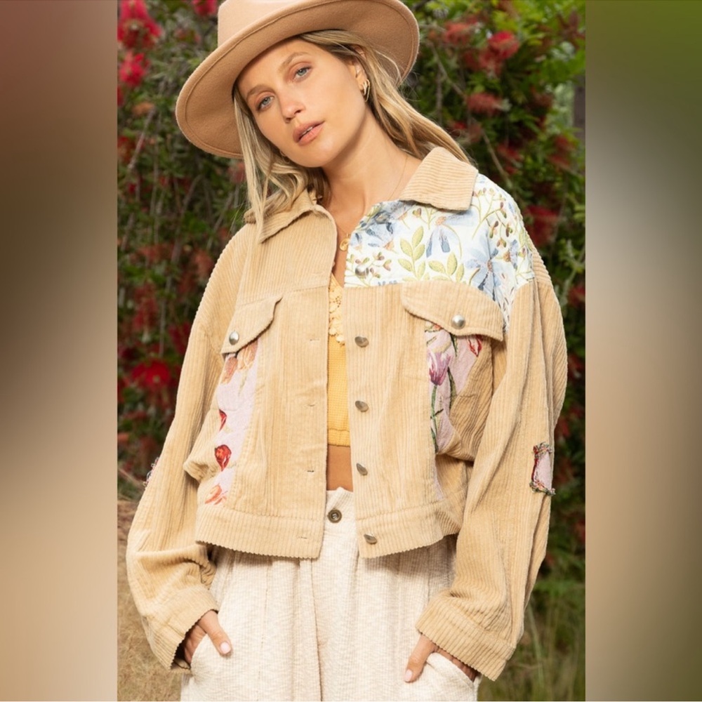 POL Button Down Corduroy Floral Jacket